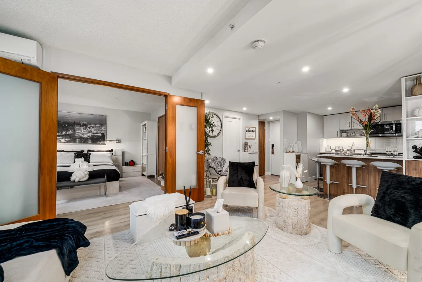 Open-plan living and kitchen area in the Downtown Calgary condo
