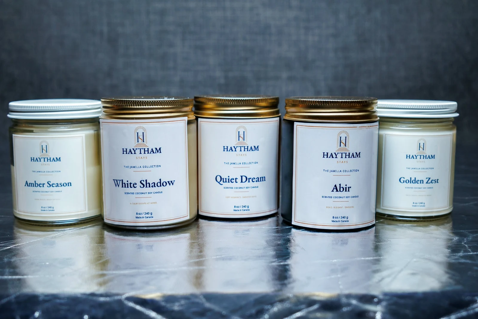 Amber Season, White Shadow, Quiet Dream, Abir and Golden Zest Jamilla candle jars