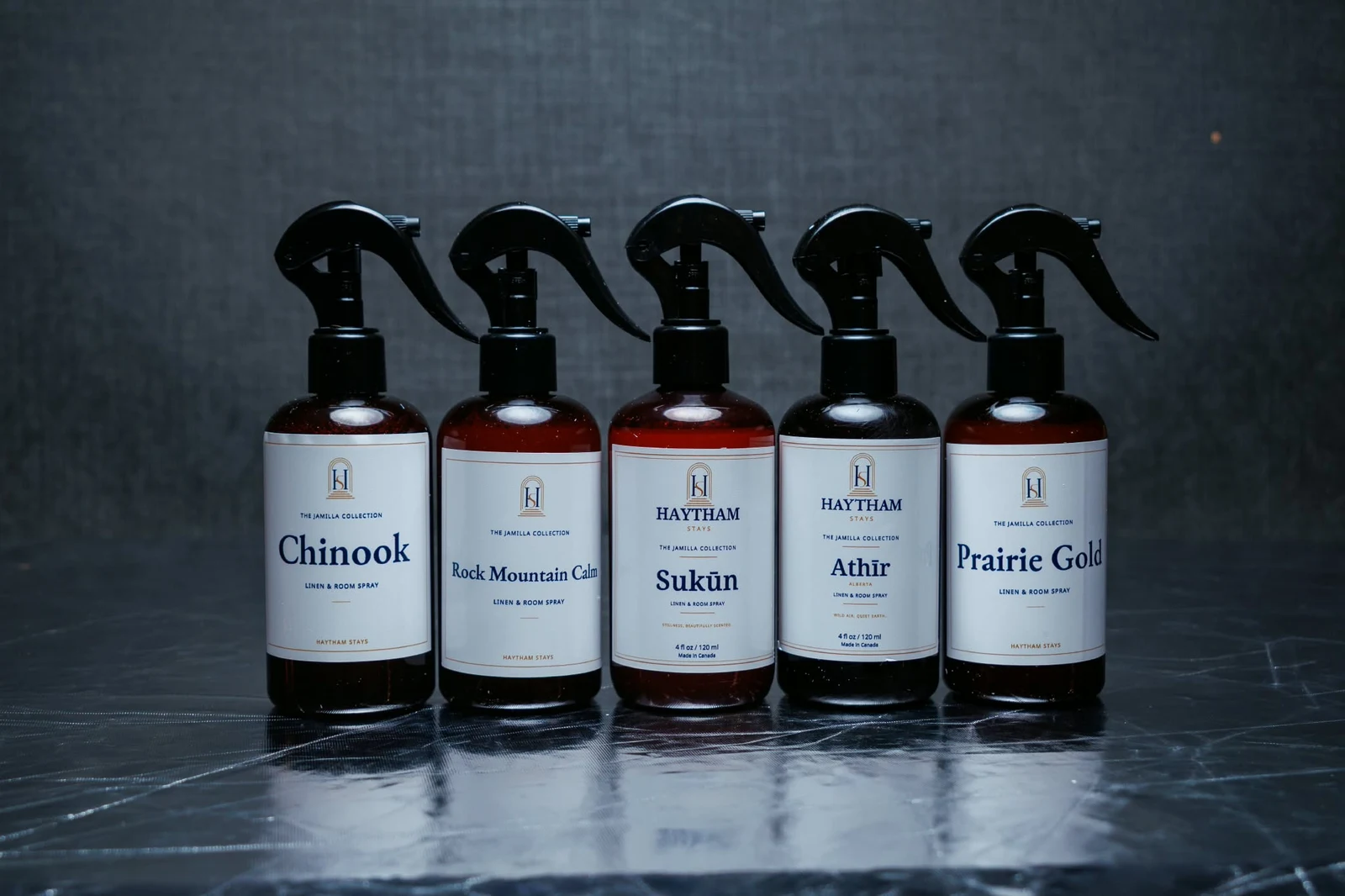 Chinook, Rock Mountain Calm, Sukūn, Athīr Alberta and Prairie Gold room and linen spray bottles